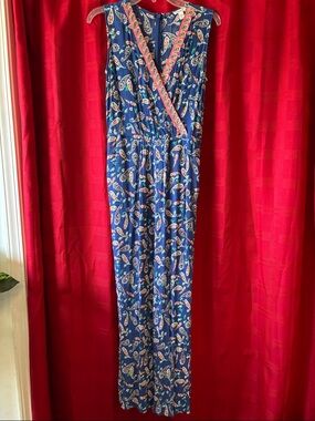 Westport Blue Paisley Sleeveless Jumpsuit with Pink Trim